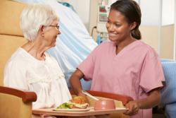 nurse serving meal to senior female patient sitting in chair smiling